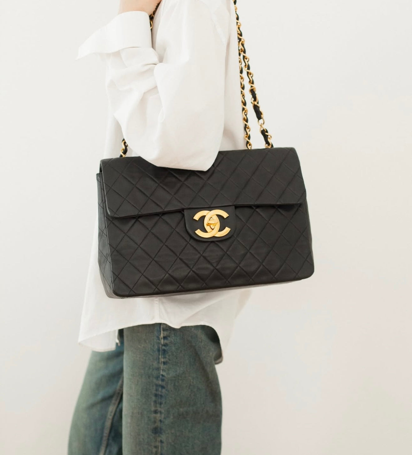Chanel Vintage Classic Double Flap Jumbo – Black Lambskin with 24k Gold Hardware